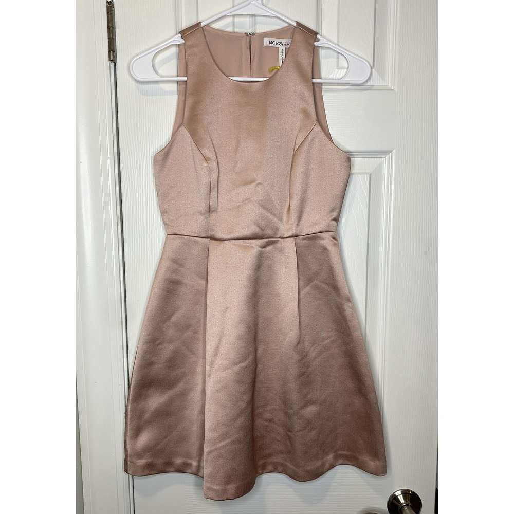 BCBG Generation Women's Fit And Flare Satin Dress Rose Smoke Pink Size 0‎ New